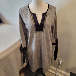 THML Gray Knit Faux black Suede Neck line Bow Cuff 3/4 Sleeve Dress Metal Trim M